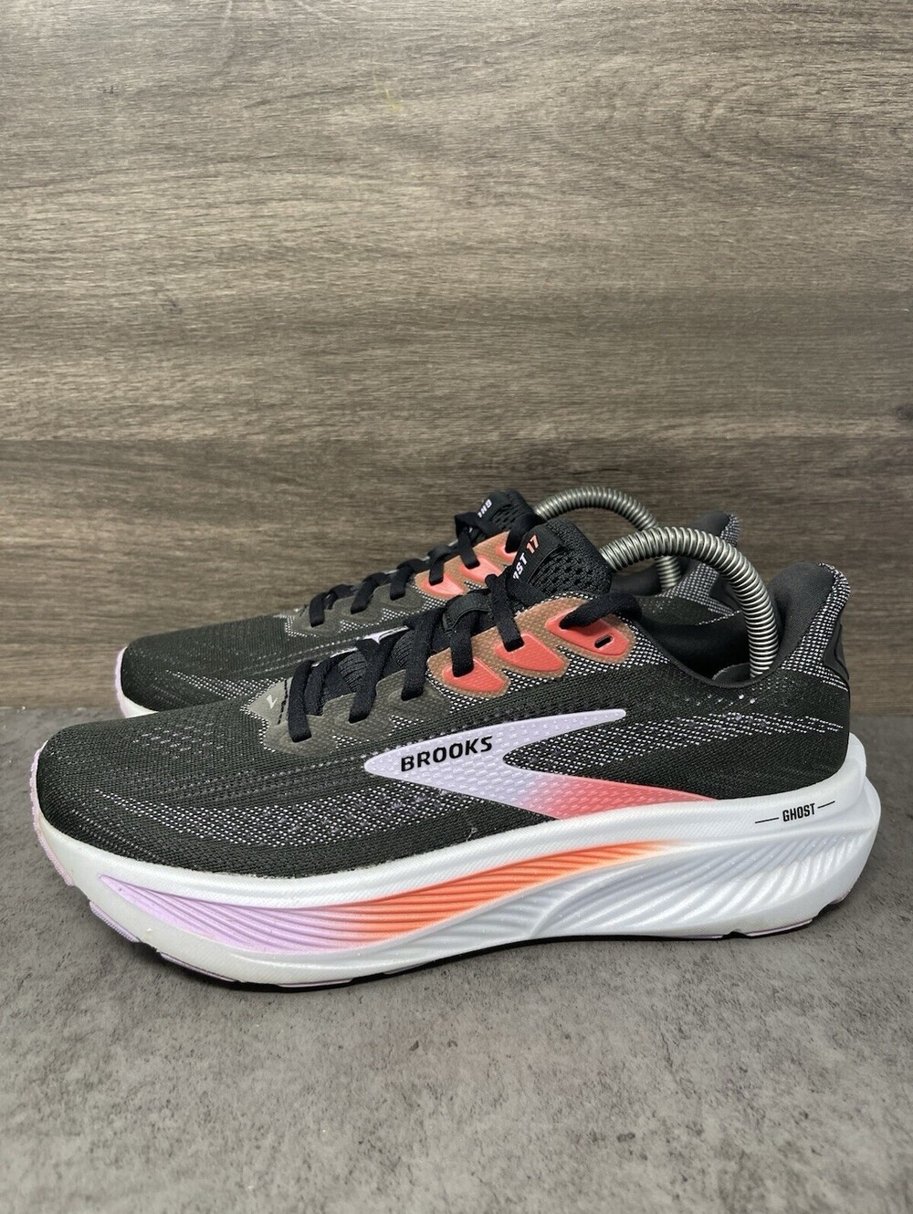 Brooks Ghost 17 Womens Size 9 B Black Purple Coral Running Shoes DNA Loft v3